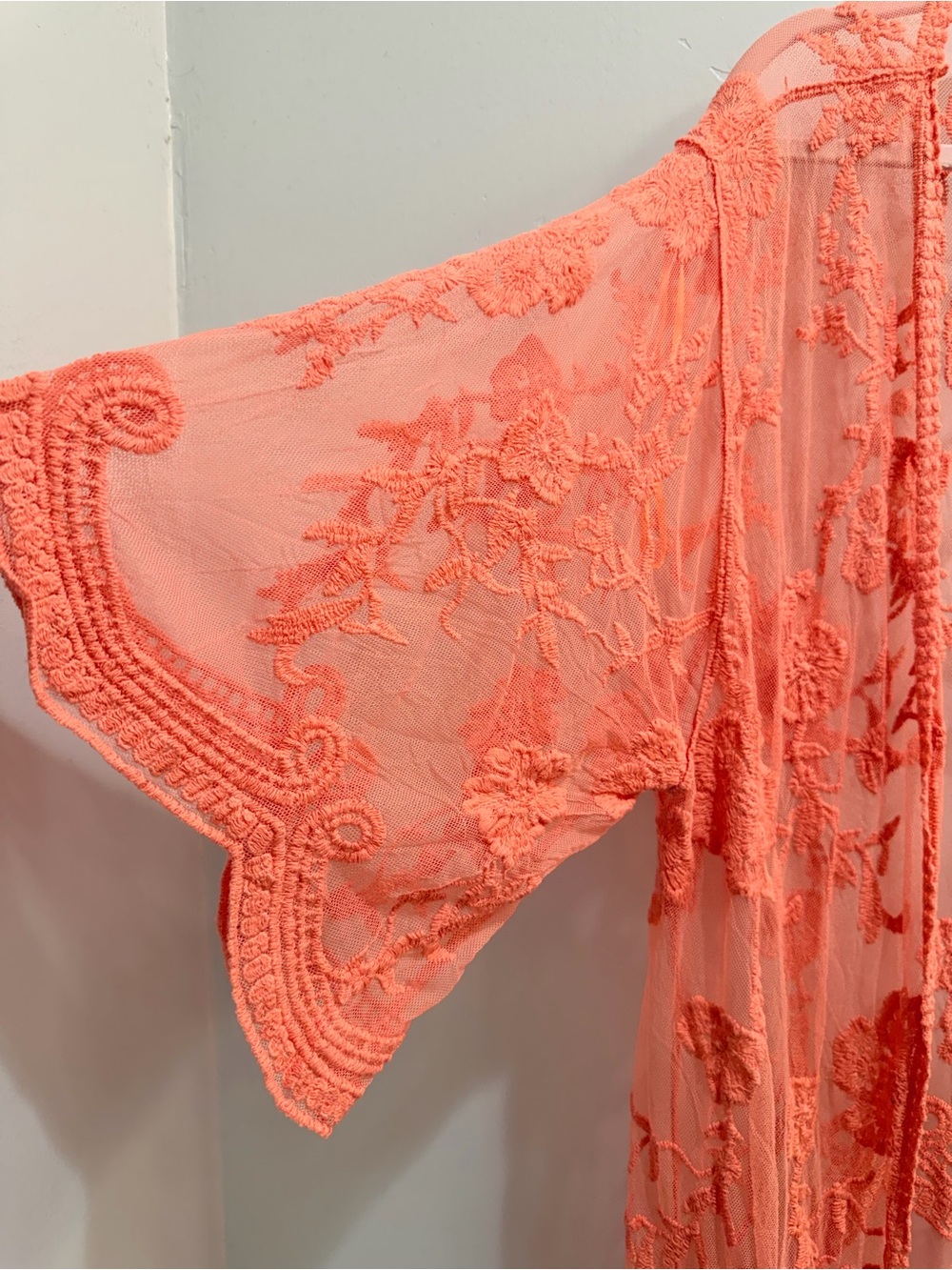 Dizzy Gal Coral Pink Floral Lace Sheer Mesh Long Kimono Duster Cardigan Medium - Picture 3 of 14